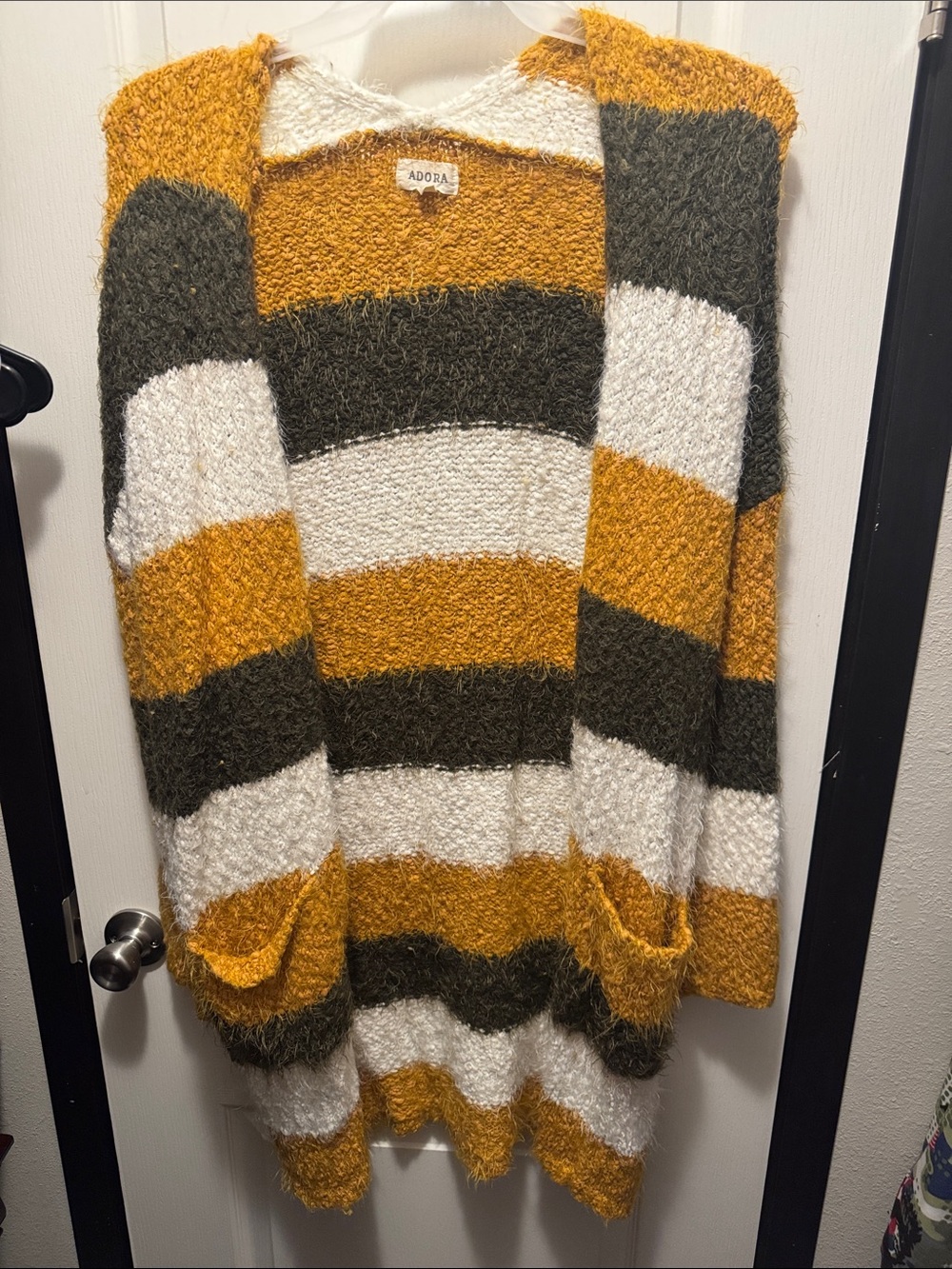 ADORA Mustard, Olive & Cream Striped Open-Front Cardigan